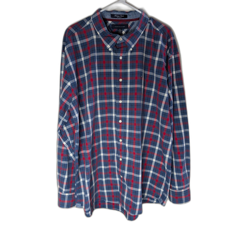 Tommy Hilfiger Heritage Poplin Men’s XXL Plaid Button Down Shirt Red Blue Preppy